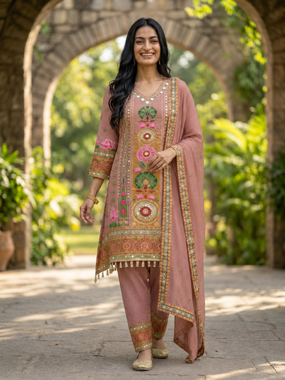 Mauve Floral Crepe A-Line Kurta Set with Shantoon Palazzo & Dupatta