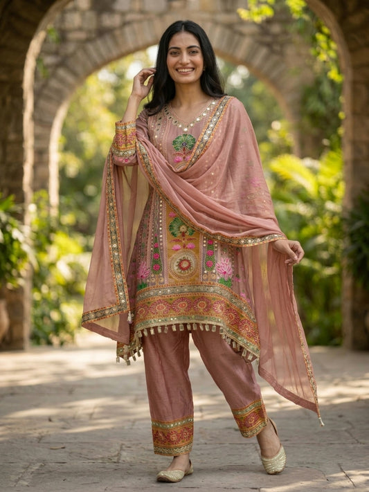 Mauve Floral Crepe A-Line Kurta Set with Shantoon Palazzo & Dupatta
