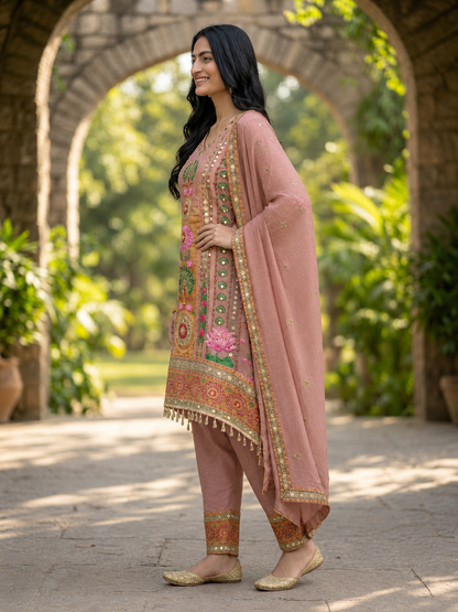 Mauve Floral Crepe A-Line Kurta Set with Shantoon Palazzo & Dupatta