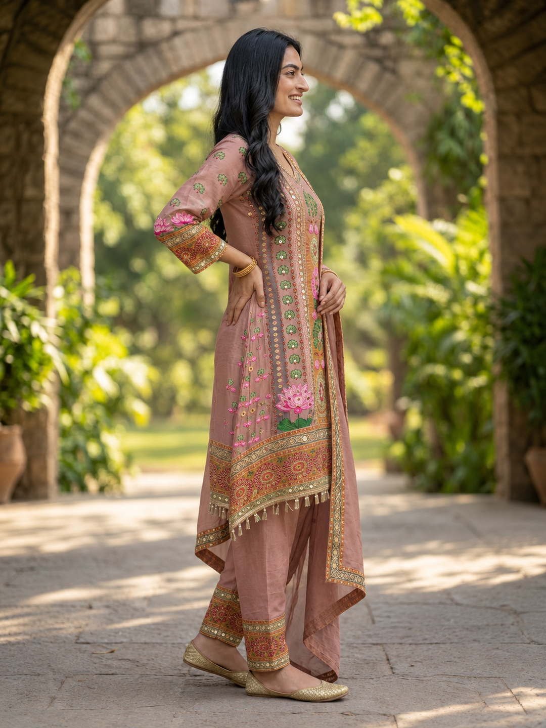 Mauve Floral Crepe A-Line Kurta Set with Shantoon Palazzo & Dupatta