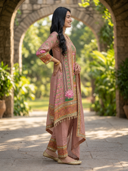 Mauve Floral Crepe A-Line Kurta Set with Shantoon Palazzo & Dupatta