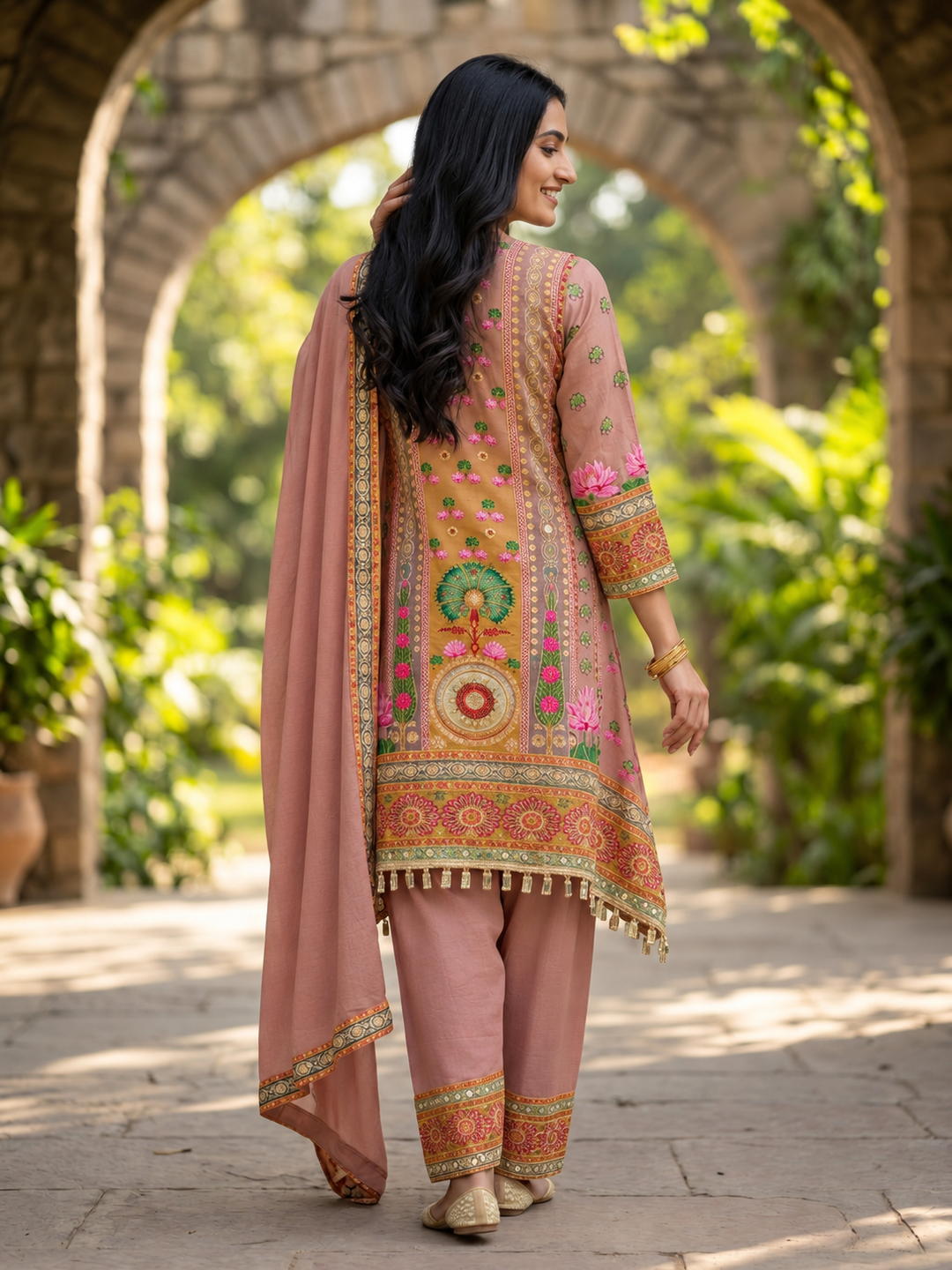 Mauve Floral Crepe A-Line Kurta Set with Shantoon Palazzo & Dupatta