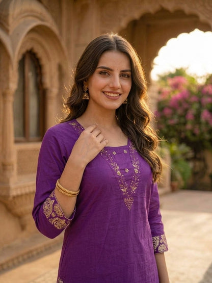 Deep Purple Printed Cotton Kurta Set with Hand Embroidery, Pant & Dupatta