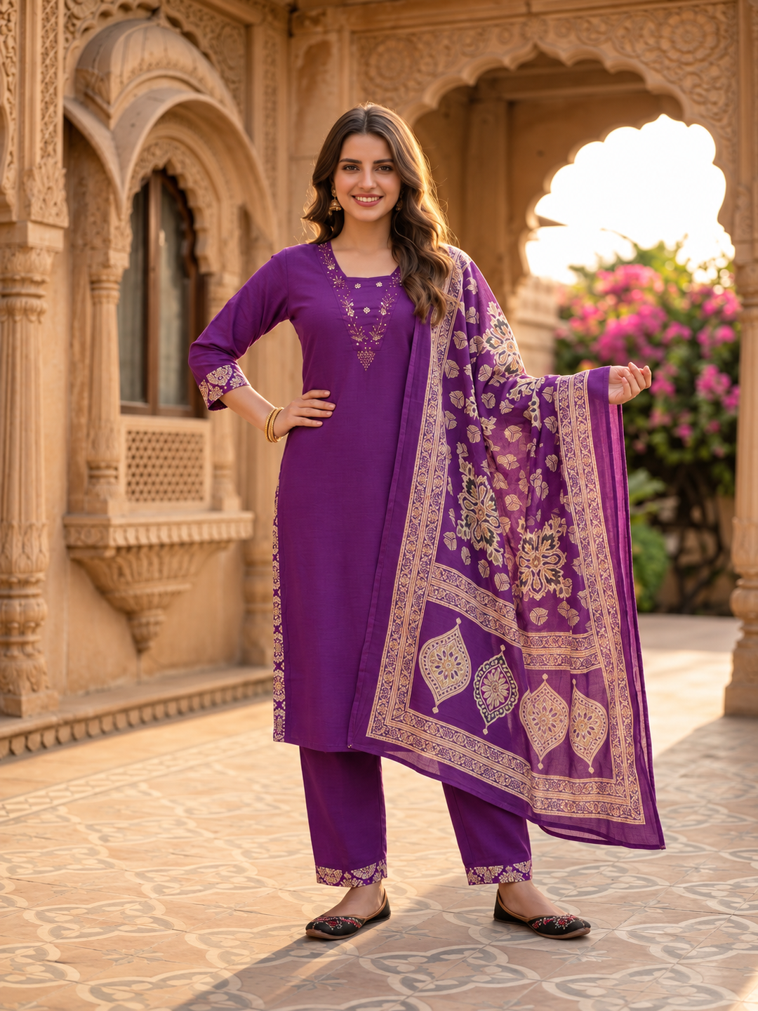 Deep Purple Printed Cotton Kurta Set with Hand Embroidery, Pant & Dupatta
