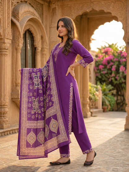 Deep Purple Printed Cotton Kurta Set with Hand Embroidery, Pant & Dupatta