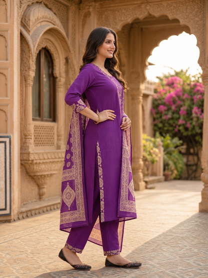 Deep Purple Printed Cotton Kurta Set with Hand Embroidery, Pant & Dupatta