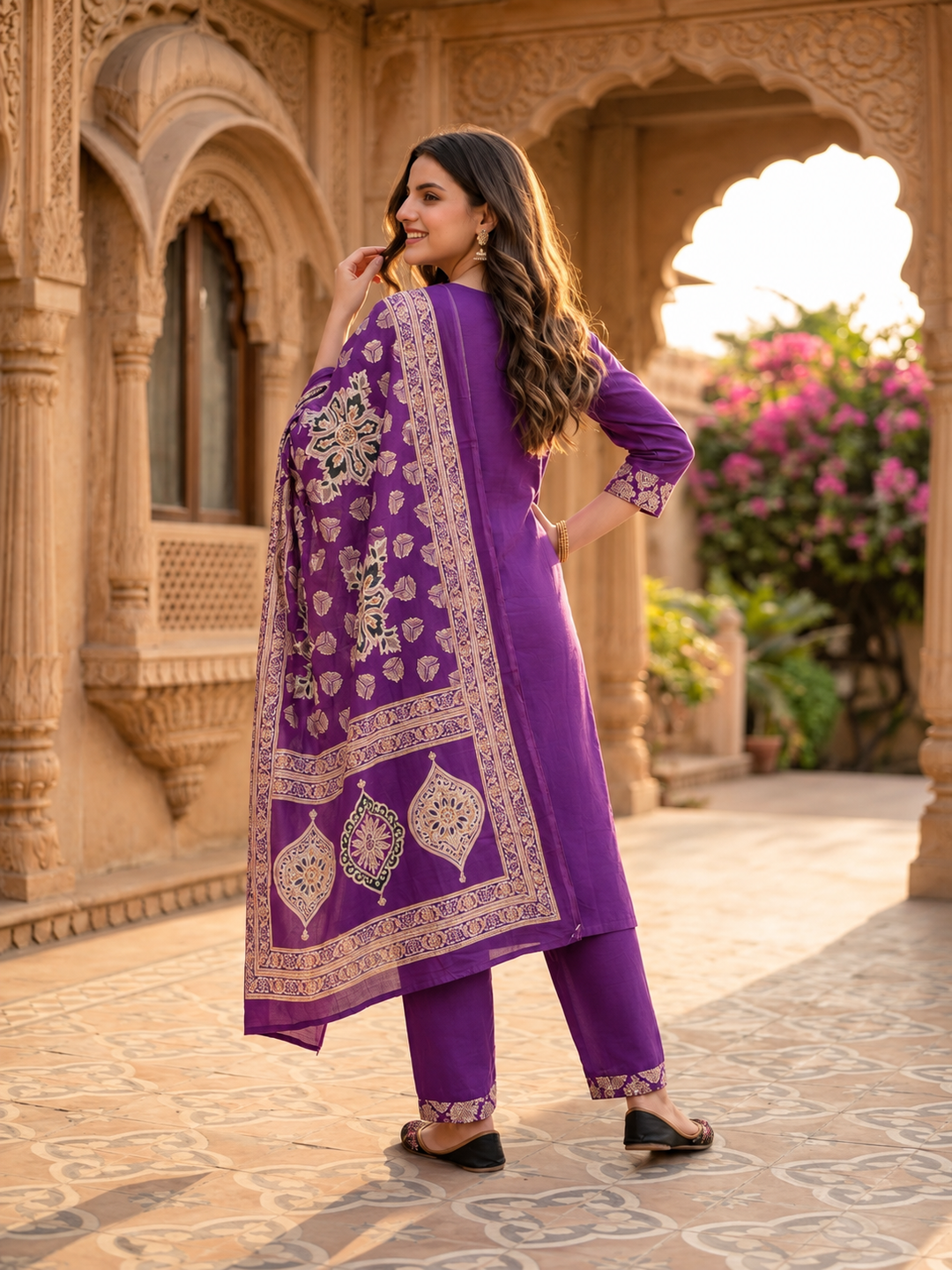 Deep Purple Printed Cotton Kurta Set with Hand Embroidery, Pant & Dupatta
