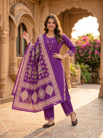 Deep Purple Printed Cotton Kurta Set with Hand Embroidery, Pant & Dupatta