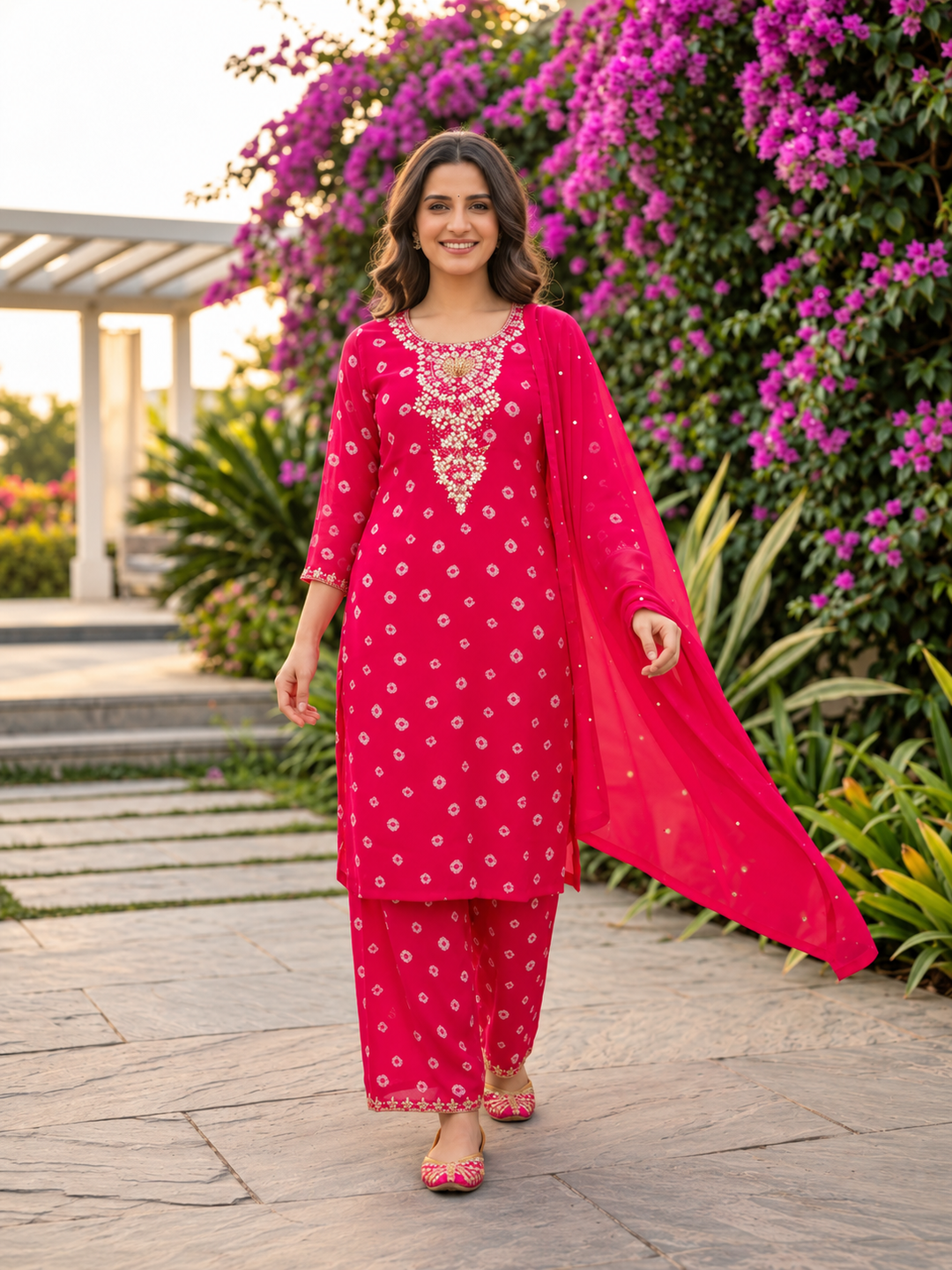 Rani Pink Bandhani Printed Straight Kurta Set with Georgette Palazzo & Dupatta