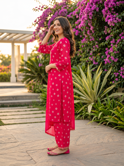 Rani Pink Bandhani Printed Straight Kurta Set with Georgette Palazzo & Dupatta