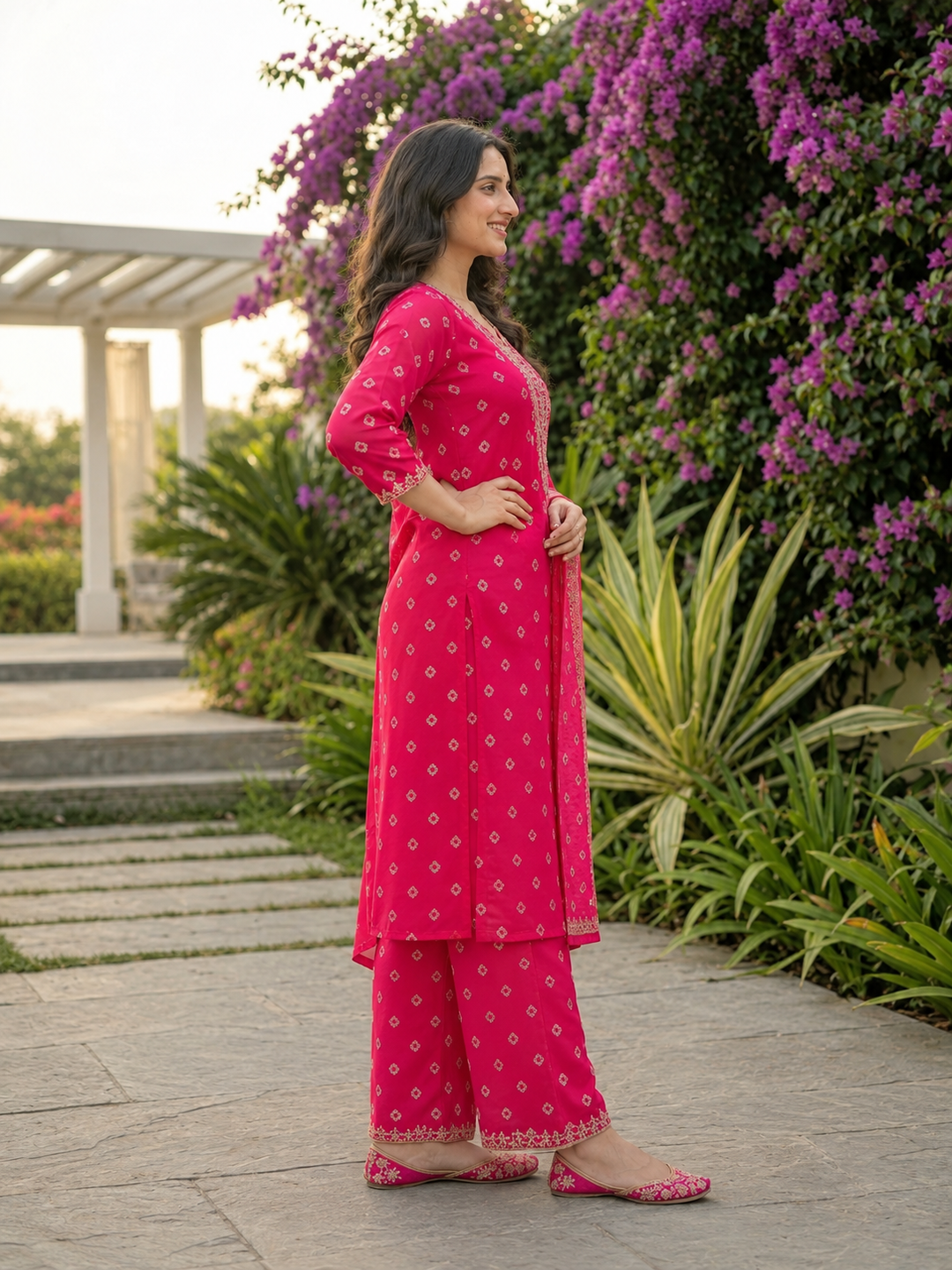 Rani Pink Bandhani Printed Straight Kurta Set with Georgette Palazzo & Dupatta