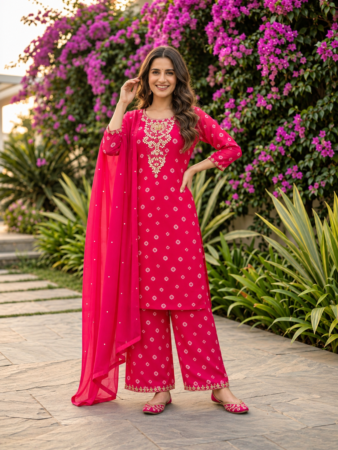 Rani Pink Bandhani Printed Straight Kurta Set with Georgette Palazzo & Dupatta