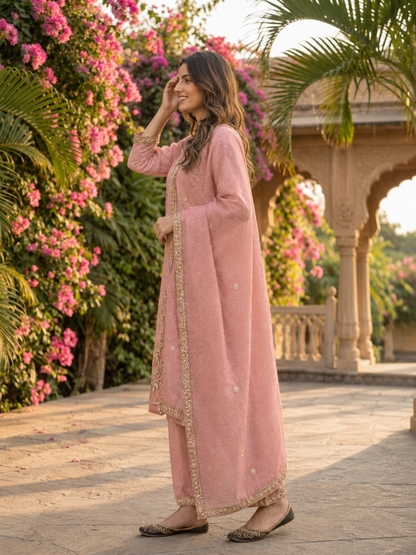 Dusty Rose Floral Ethnic Printed Tissue Straight Kurta Set with Hand Embroidery, V-Neck, Shantoon Palazzo & Embroidered Solid Tissue Dupatta