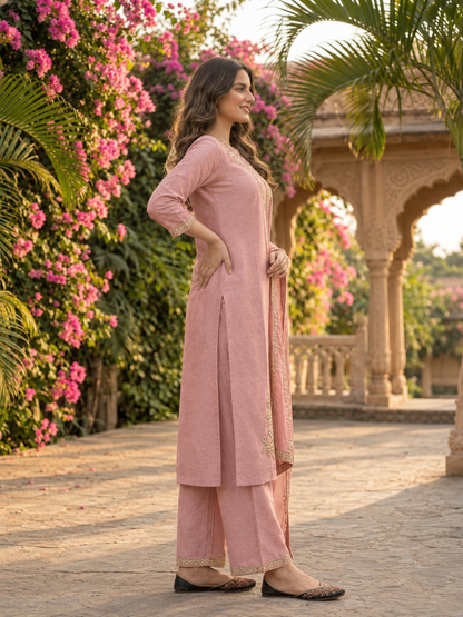 Dusty Rose Floral Ethnic Printed Tissue Straight Kurta Set with Hand Embroidery, V-Neck, Shantoon Palazzo & Embroidered Solid Tissue Dupatta