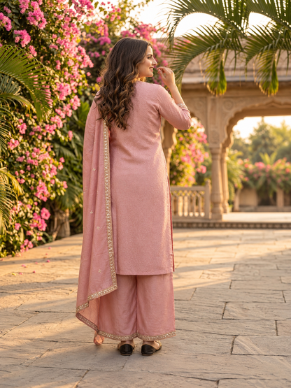 Dusty Rose Floral Ethnic Printed Tissue Straight Kurta Set with Hand Embroidery, V-Neck, Shantoon Palazzo & Embroidered Solid Tissue Dupatta