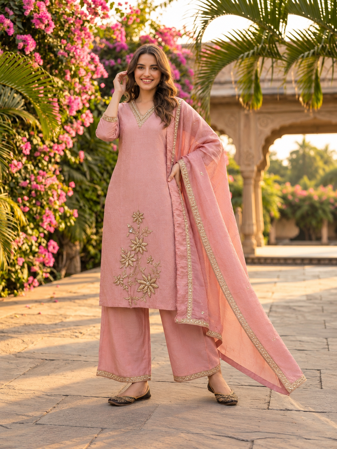 Dusty Rose Floral Ethnic Printed Tissue Straight Kurta Set with Hand Embroidery, V-Neck, Shantoon Palazzo & Embroidered Solid Tissue Dupatta