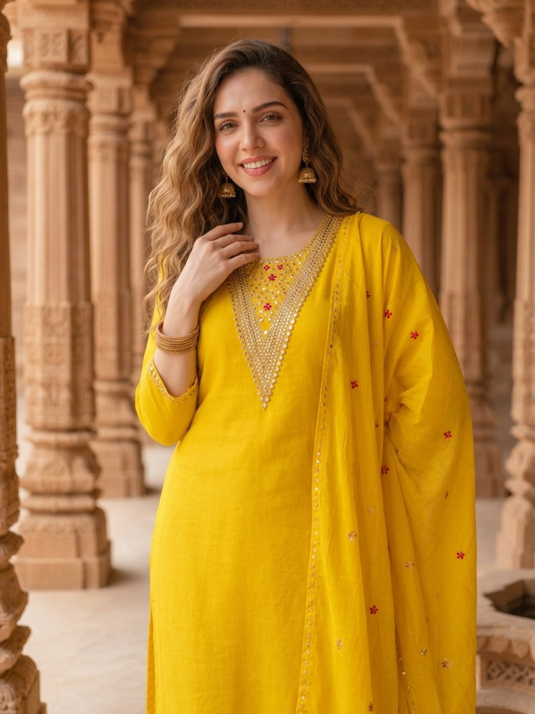 Mustard yellow embroidered kurta set shown from the back with organza dupatta