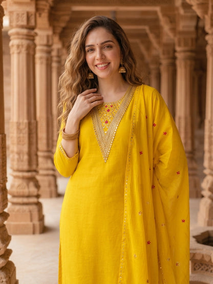 Mustard yellow embroidered kurta set shown from the back with organza dupatta