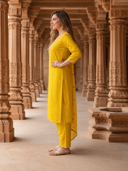 Side view of mustard yellow straight kurta set