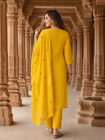Model wearing the mustard yellow three-piece kurta set