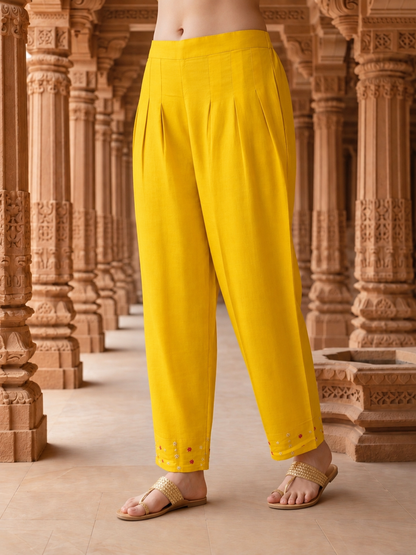 Mustard Yellow Solid Hand-Embroidered Crepe Straight Kurta Set with Palazzo and Organza Dupatta