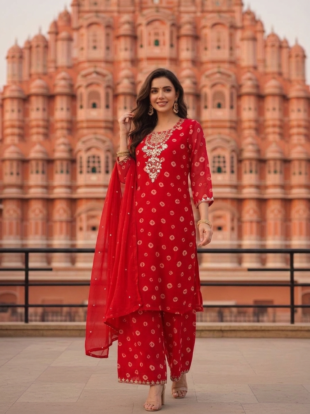 Deep Red Bandhani Georgette Kurta Set with Embroidery, Palazzo & Dupatta