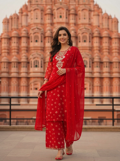 Deep Red Bandhani Georgette Kurta Set with Embroidery, Palazzo & Dupatta