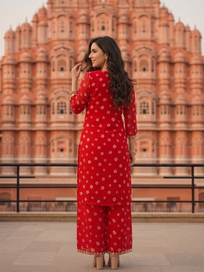 Deep Red Bandhani Georgette Kurta Set with Embroidery, Palazzo & Dupatta