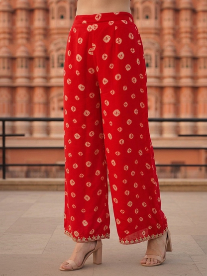 Deep Red Bandhani Georgette Kurta Set with Embroidery, Palazzo & Dupatta