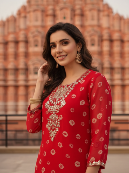 Deep Red Bandhani Georgette Kurta Set with Embroidery, Palazzo & Dupatta