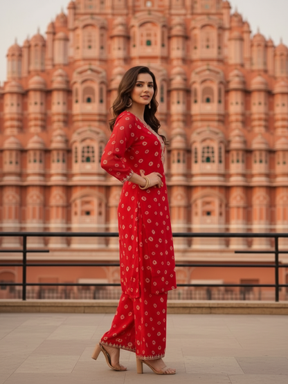 Deep Red Bandhani Georgette Kurta Set with Embroidery, Palazzo & Dupatta