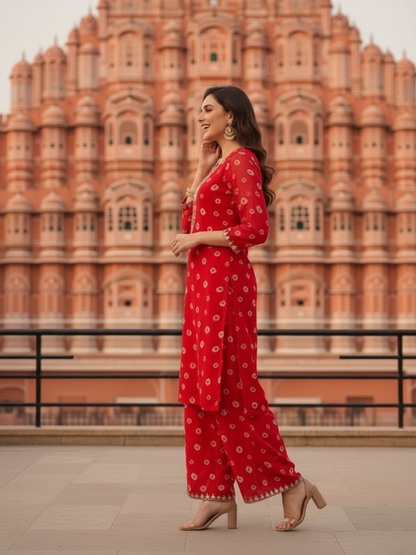 Deep Red Bandhani Georgette Kurta Set with Embroidery, Palazzo & Dupatta