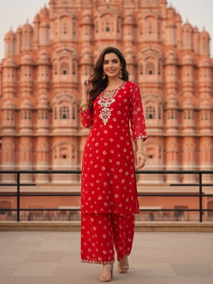Deep Red Bandhani Georgette Kurta Set with Embroidery, Palazzo & Dupatta