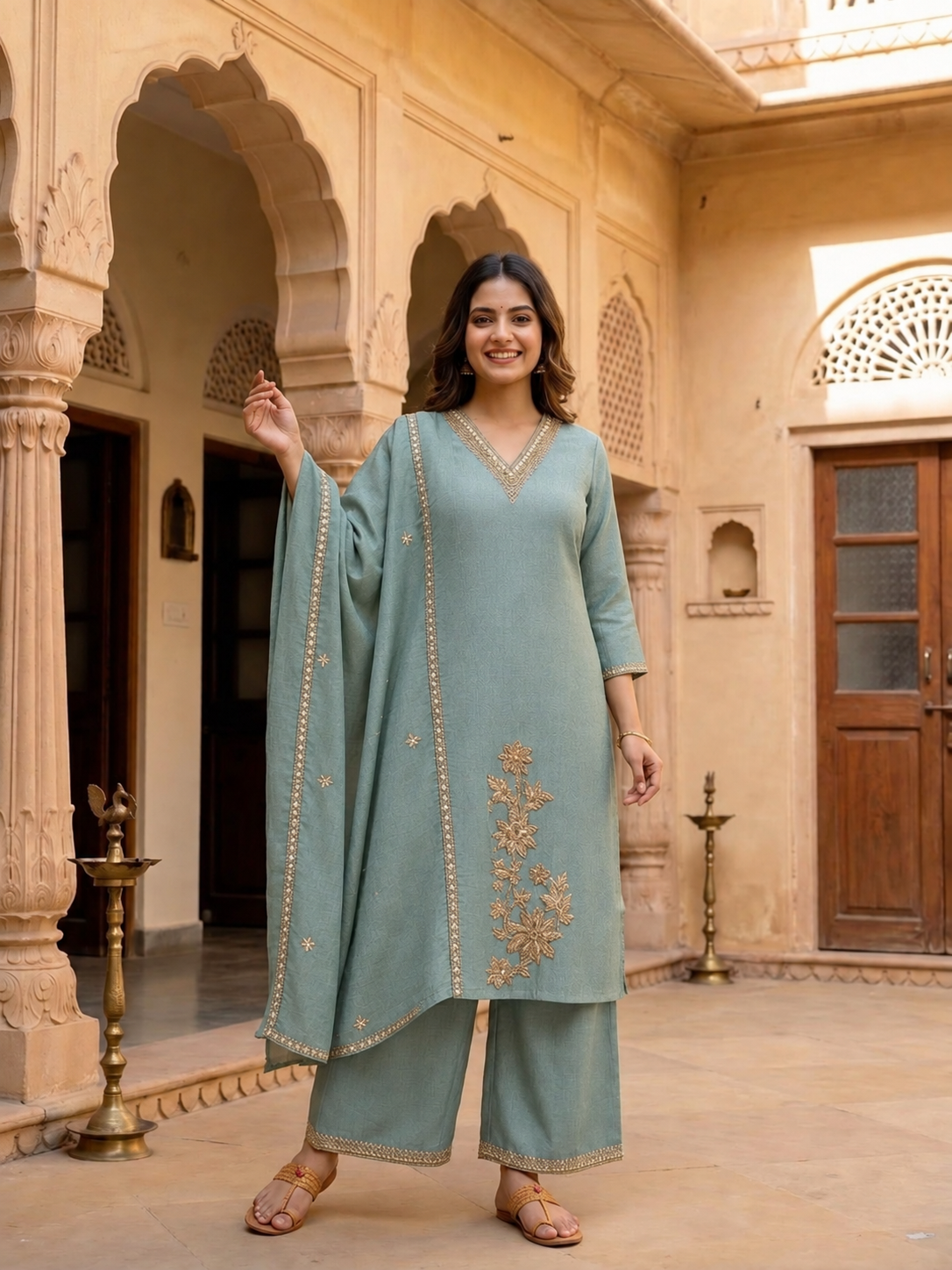 Sage Blue Tissue Kurta Set with Hand Embroidery, Palazzo & Dupatta