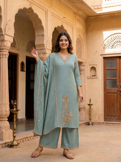 Sage Blue Tissue Kurta Set with Hand Embroidery, Palazzo & Dupatta