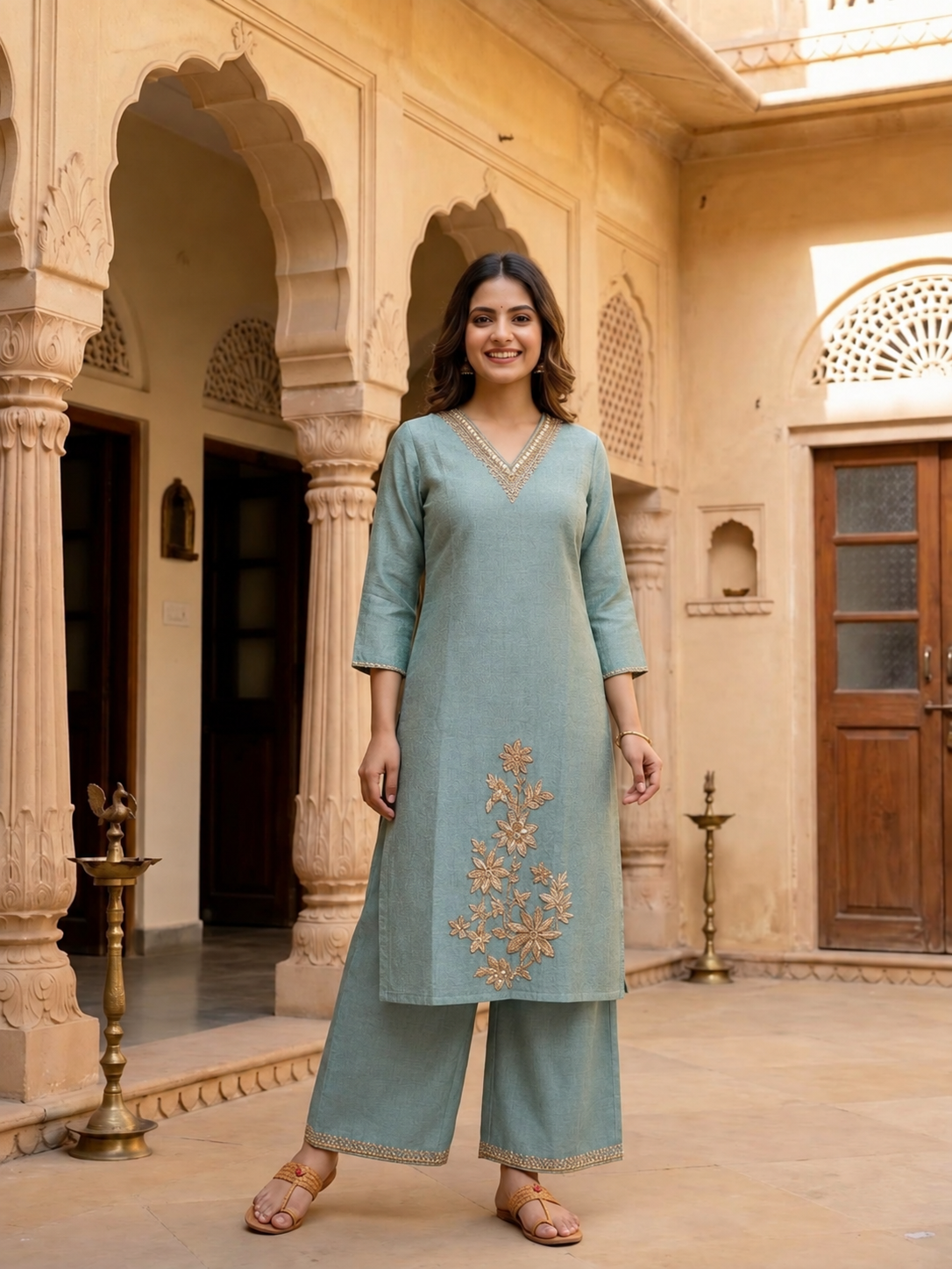 Sage Blue Tissue Kurta Set with Hand Embroidery, Palazzo & Dupatta