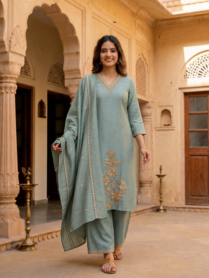 Sage Blue Tissue Kurta Set with Hand Embroidery, Palazzo & Dupatta