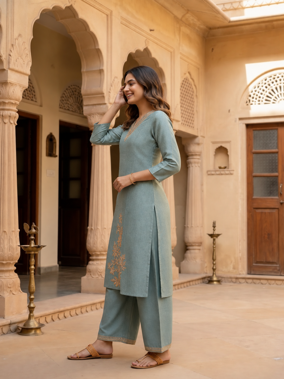 Sage Blue Tissue Kurta Set with Hand Embroidery, Palazzo & Dupatta