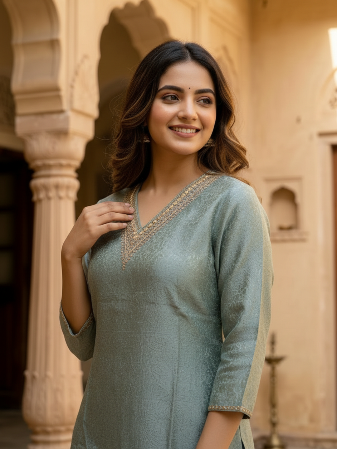 Sage Blue Tissue Kurta Set with Hand Embroidery, Palazzo & Dupatta