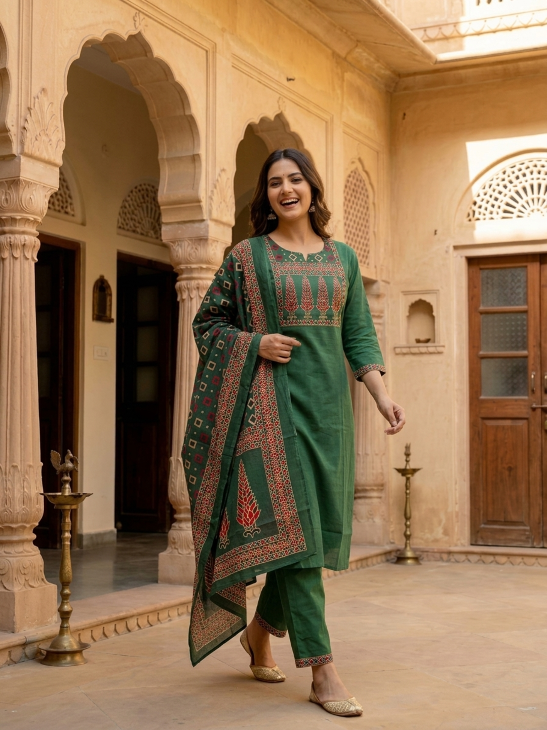 Emerald Green Floral Cotton Kurta Set with Bead Work, Pant & Dupatta