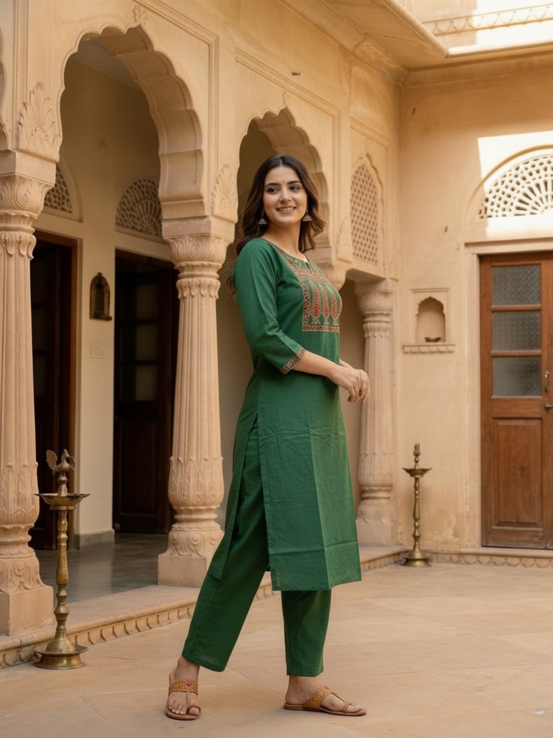 Emerald Green Floral Cotton Kurta Set with Bead Work, Pant & Dupatta