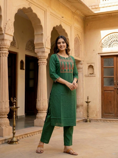 Emerald Green Floral Cotton Kurta Set with Bead Work, Pant & Dupatta