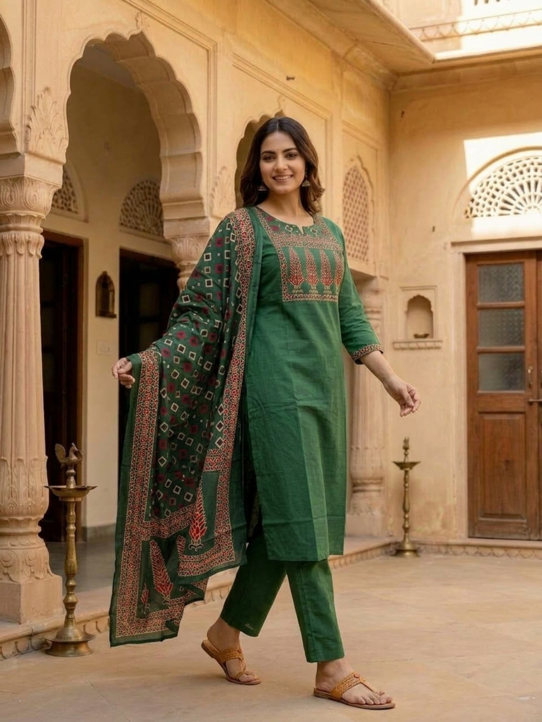Emerald Green Floral Cotton Kurta Set with Bead Work, Pant & Dupatta