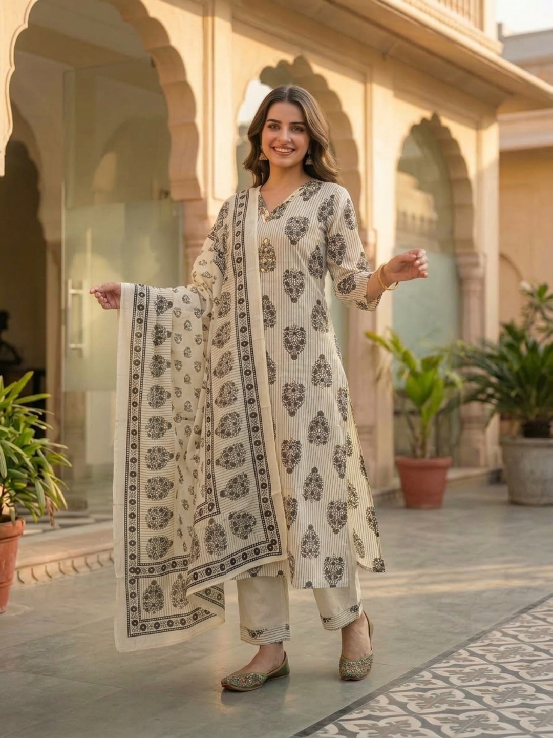 Off White Floral Cotton Kurta Set with Palazzo & Printed Dupatta