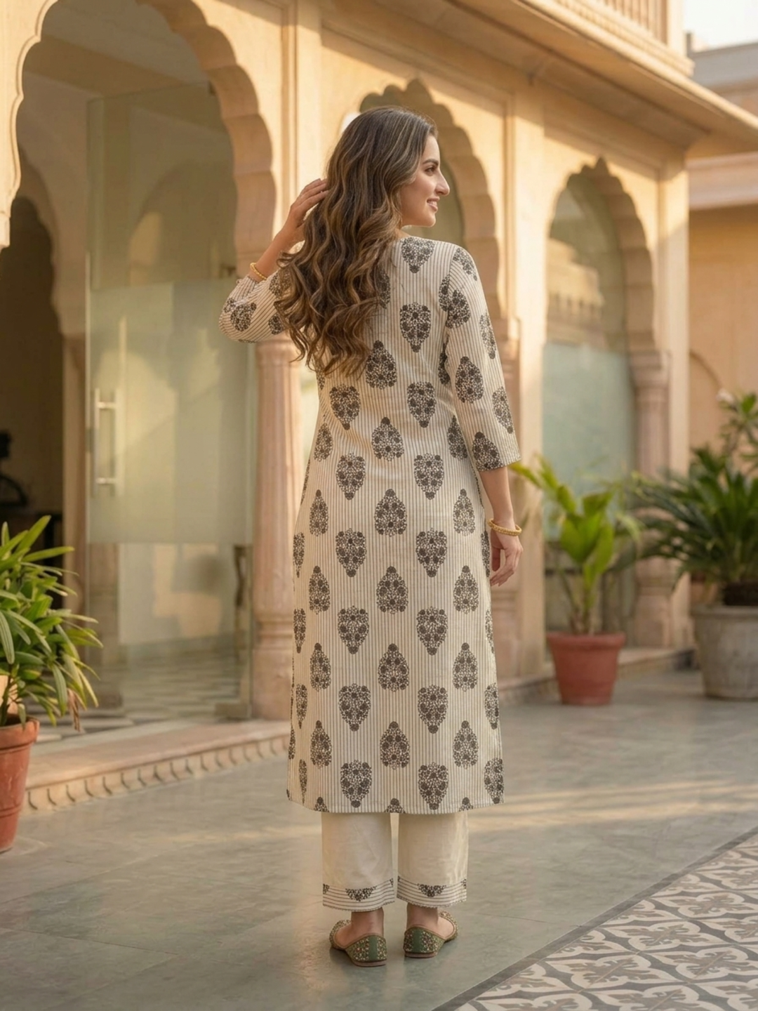Off White Floral Cotton Kurta Set with Palazzo & Printed Dupatta
