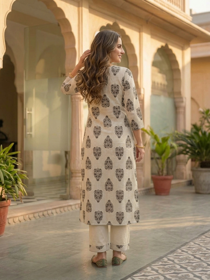 Off White Floral Cotton Kurta Set with Palazzo & Printed Dupatta