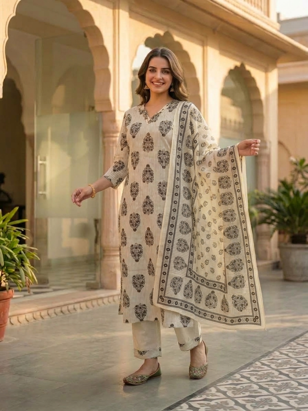 Off White Floral Cotton Kurta Set with Palazzo & Printed Dupatta