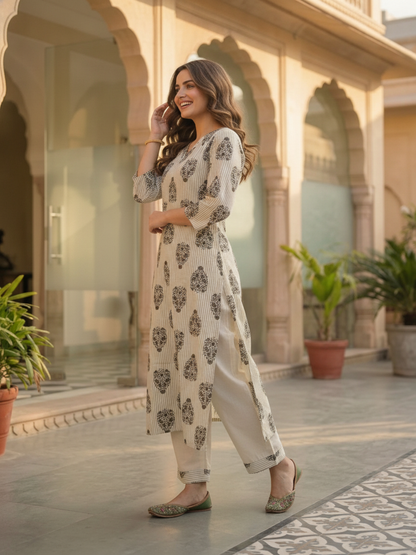 Off White Floral Cotton Kurta Set with Palazzo & Printed Dupatta