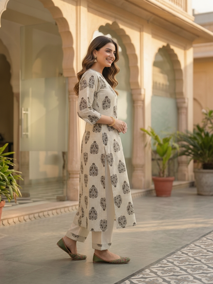 Off White Floral Cotton Kurta Set with Palazzo & Printed Dupatta