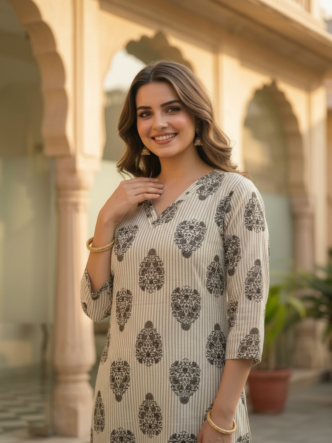 Off White Floral Cotton Kurta Set with Palazzo & Printed Dupatta
